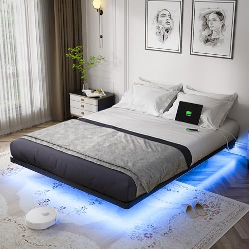 Full Size Metal Platform Bed with LED Lights and Charging Station W250
