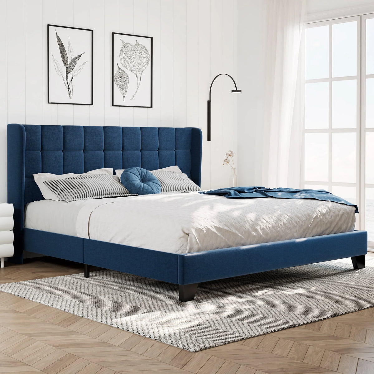 Queen Size Dark Grey Platform Bed with Wingback Headboard A70861