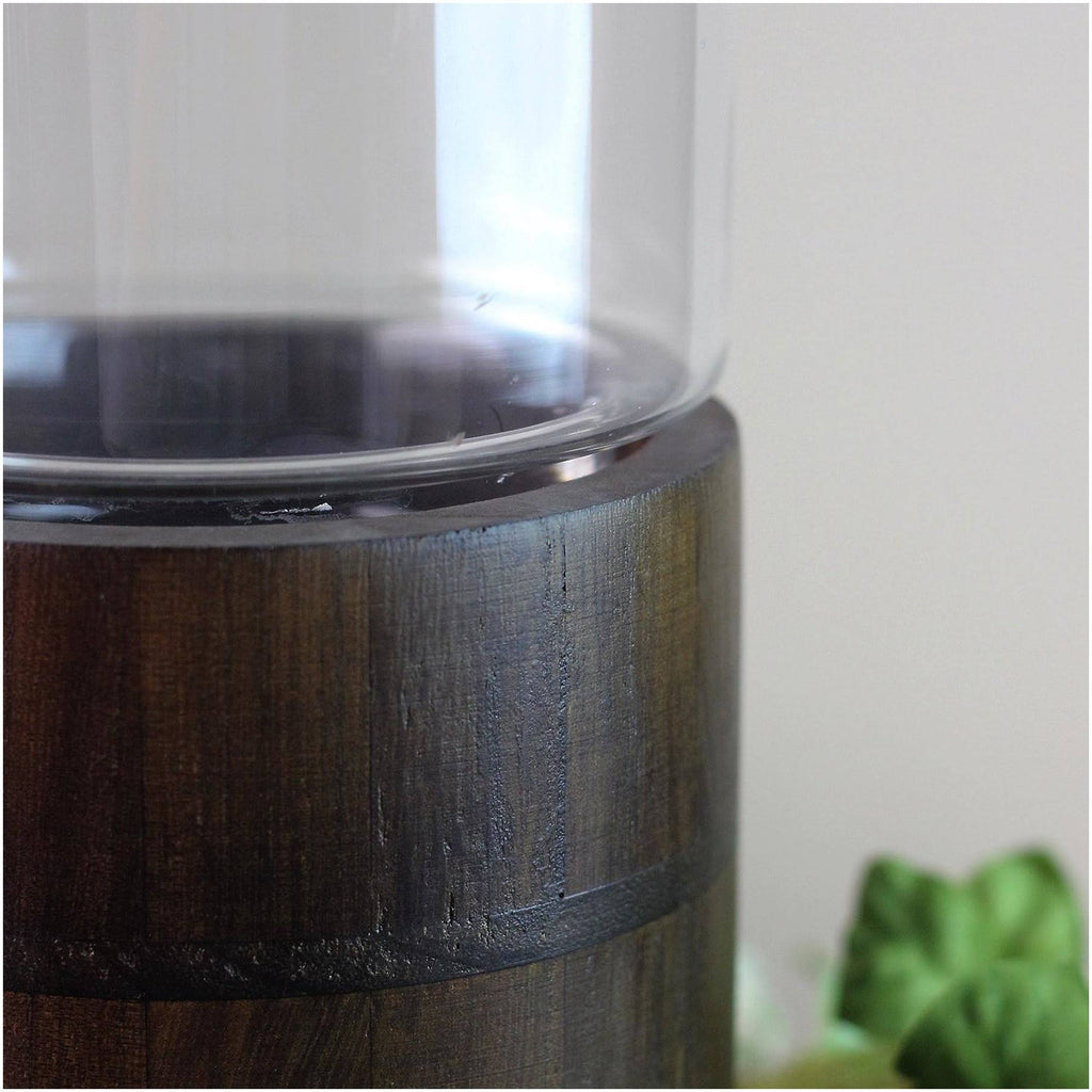 Clear Glass Hurricane Pillar Candle Holder with Wooden Base V364