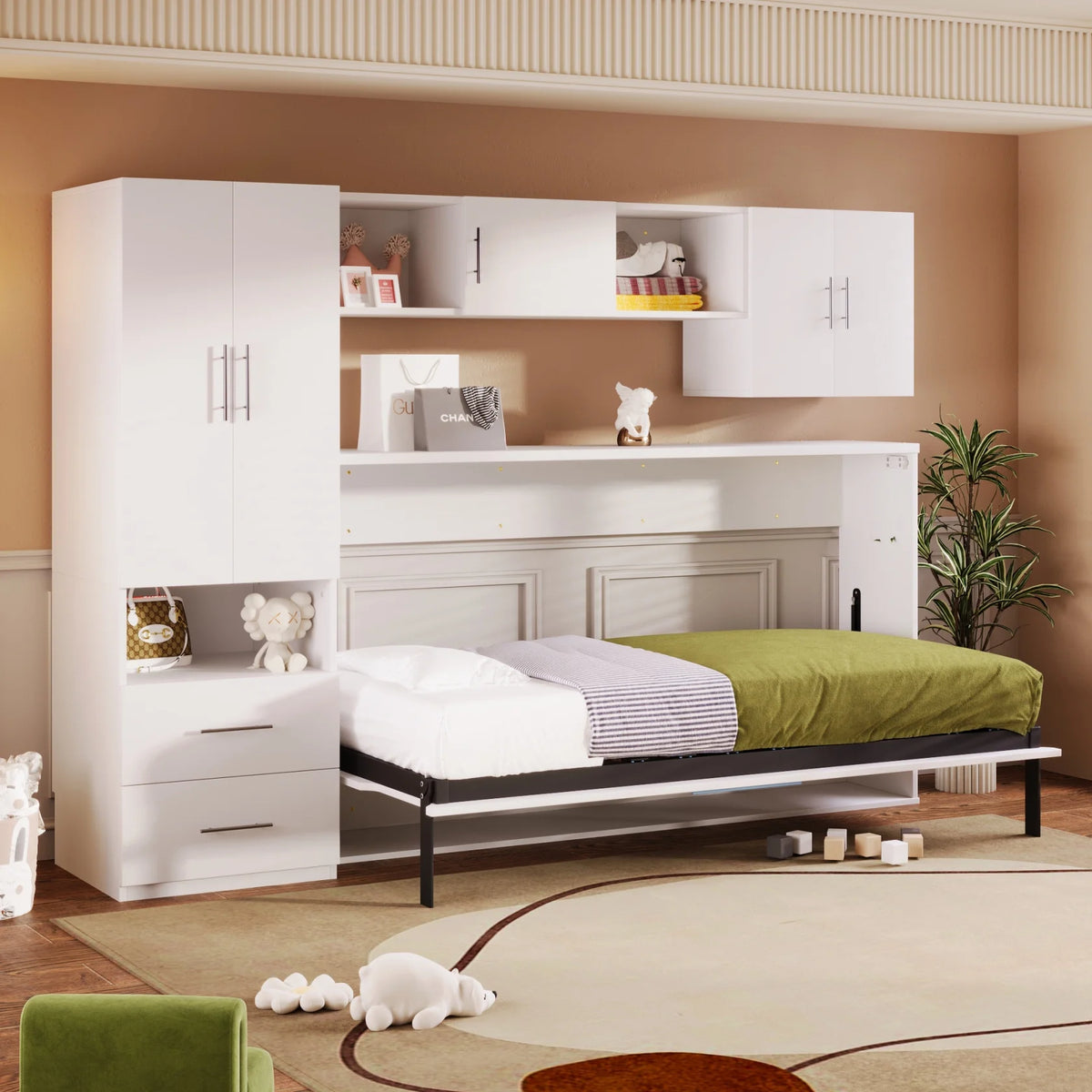 Twin Size Murphy Bed with Shelves and Storage Drawers V7516