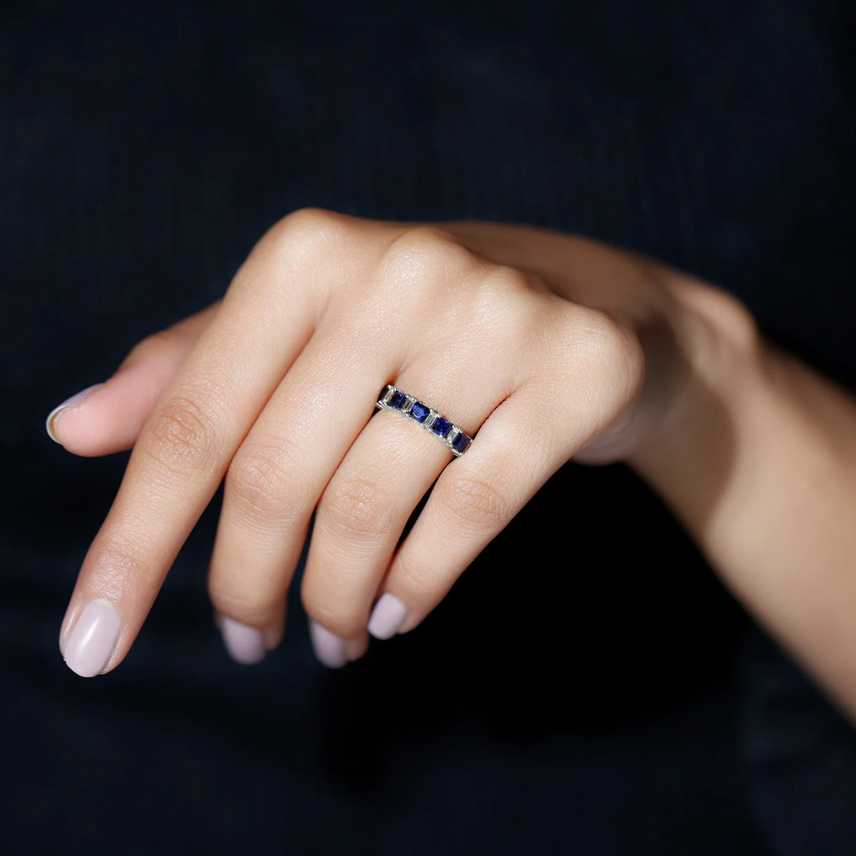 Lab Created Blue Sapphire Half Eternity Ring with Diamond - 2 CT, 14K White Gold, US 6.00 O831055
