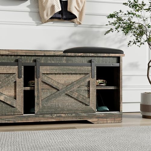 Antique Gray 2-Tier Shoe Bench with Storage and Padded Cushion B46779