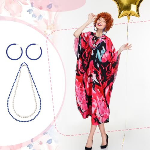 5 Pcs Halloween Costume Set with Print Caftan Dress Curly Wig Bead Necklace Earring T779586