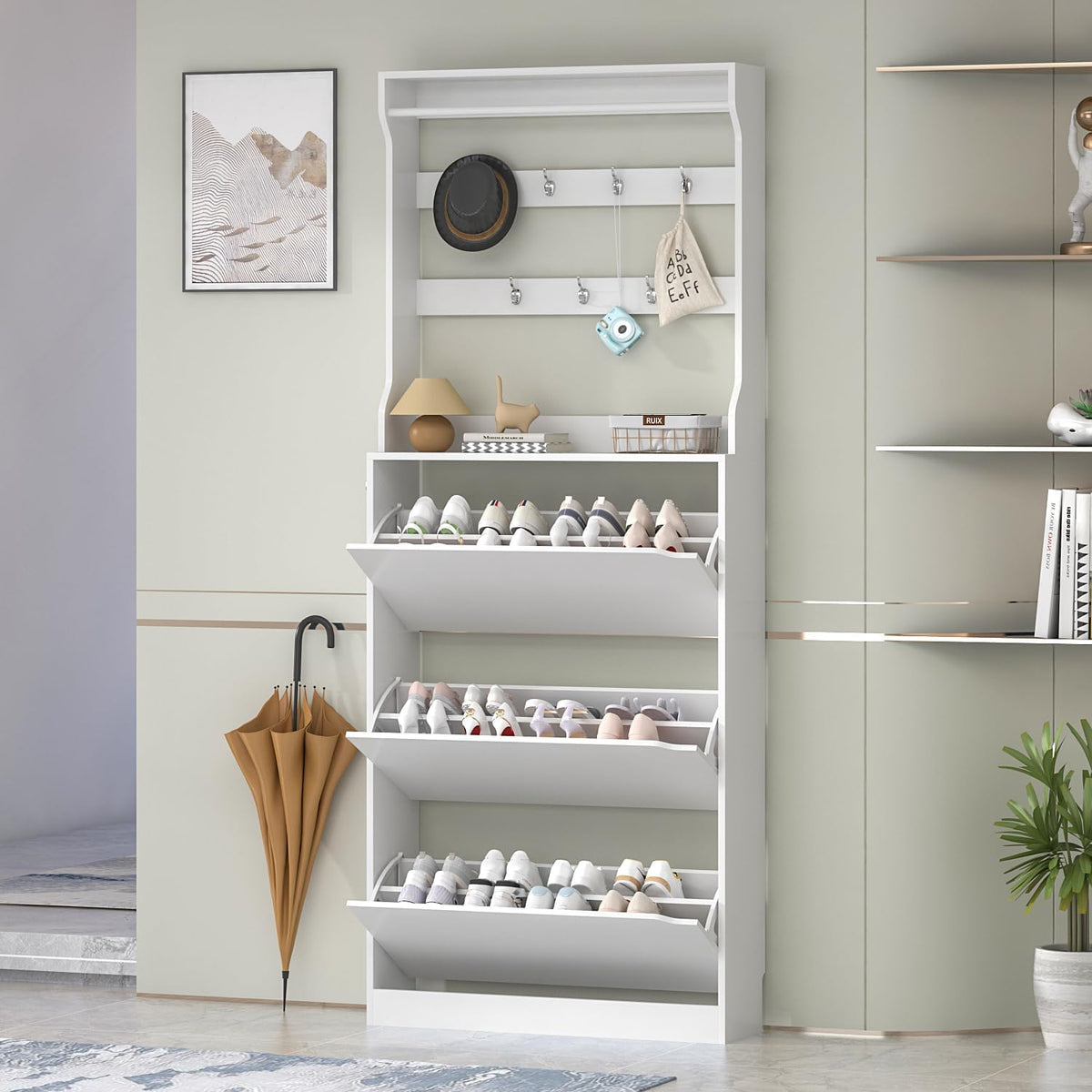 White 3 Flip Drawer Tall Wood Shoe Cabinet with Coat Rack B487979