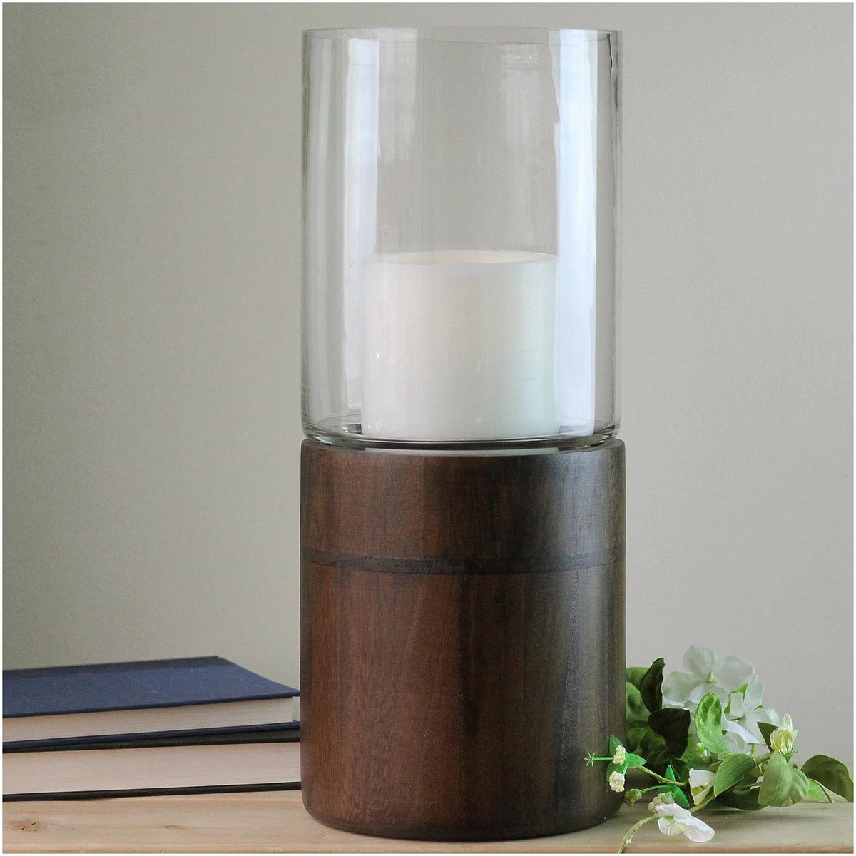 Clear Glass Hurricane Pillar Candle Holder with Wooden Base V364
