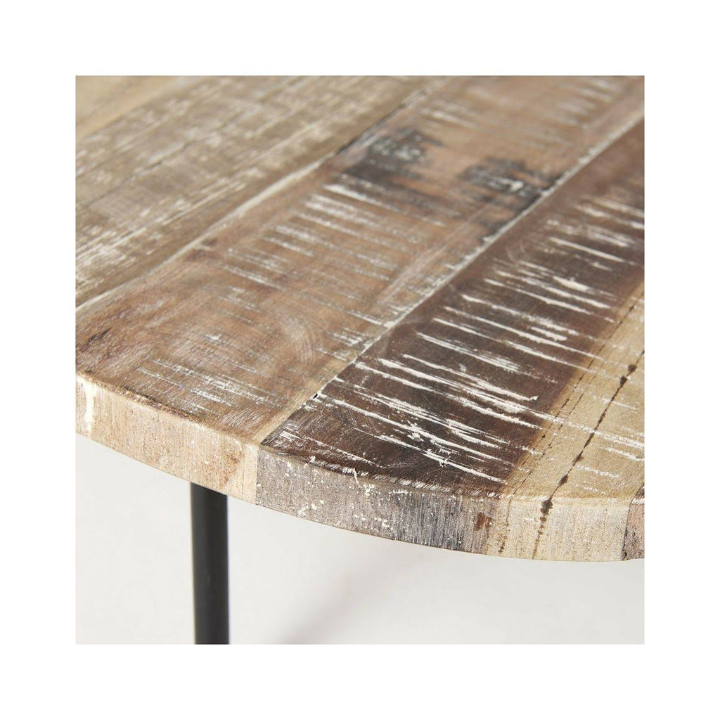 Light Brown Wood Round Accent Table with Three Black Metal Legs C2130
