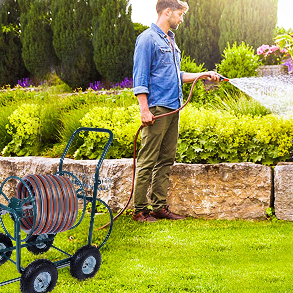 4 Wheels Portable Garden Hose Reel Cart with Storage Basket M44356