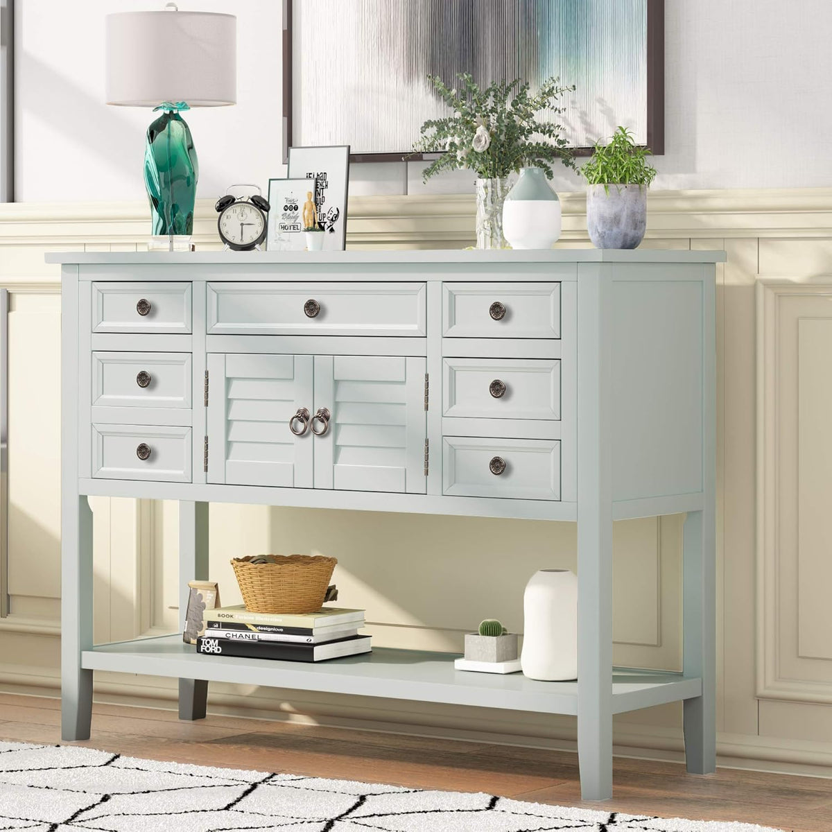 Light Blue 7-Drawer Console Table with Doors and Bottom Shelf C40359