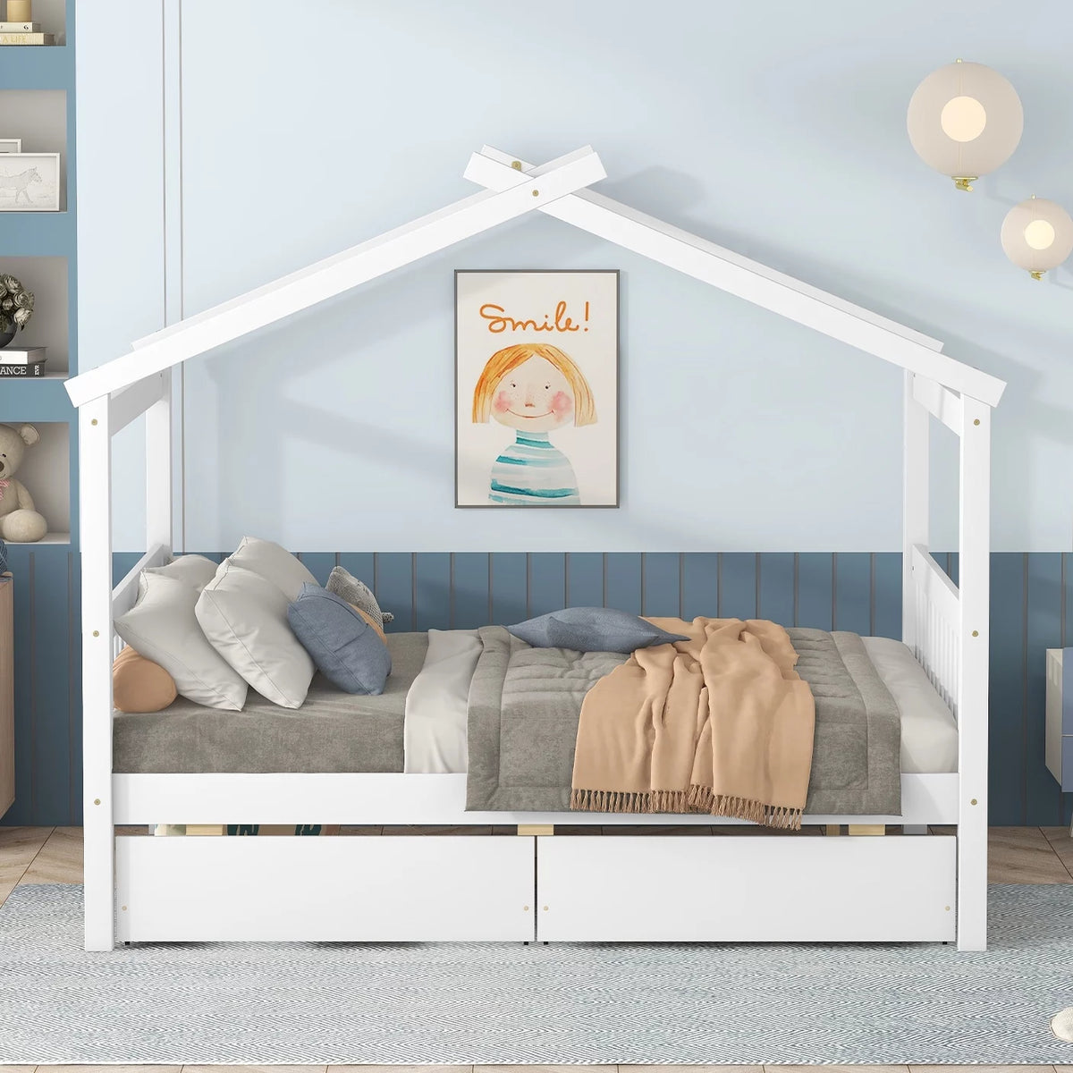 Full Size White Wooden House Bed with Drawers B2086