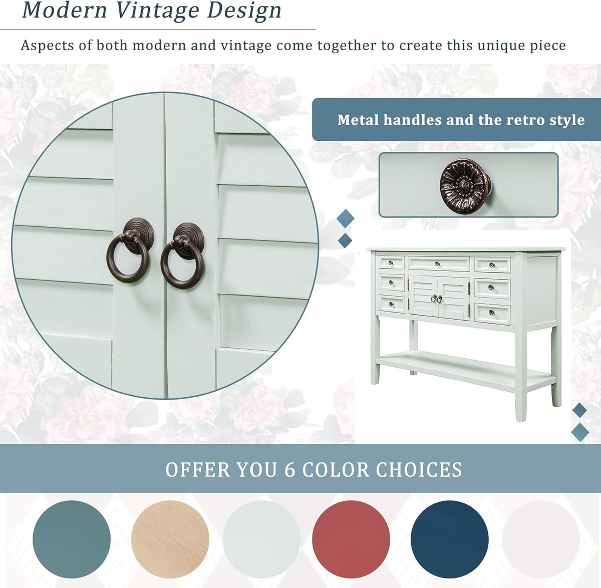 Light Blue 7-Drawer Console Table with Doors and Bottom Shelf C40359
