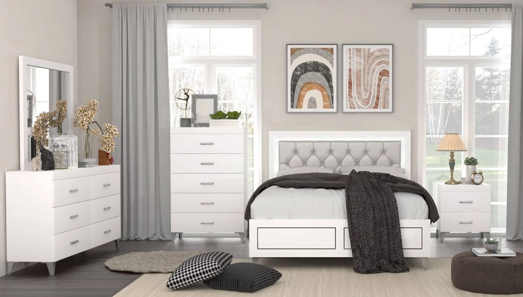 White 5pc Queen Size Bedroom Set with LED Headboard Nightstand Dresser Chest Mirror L70928