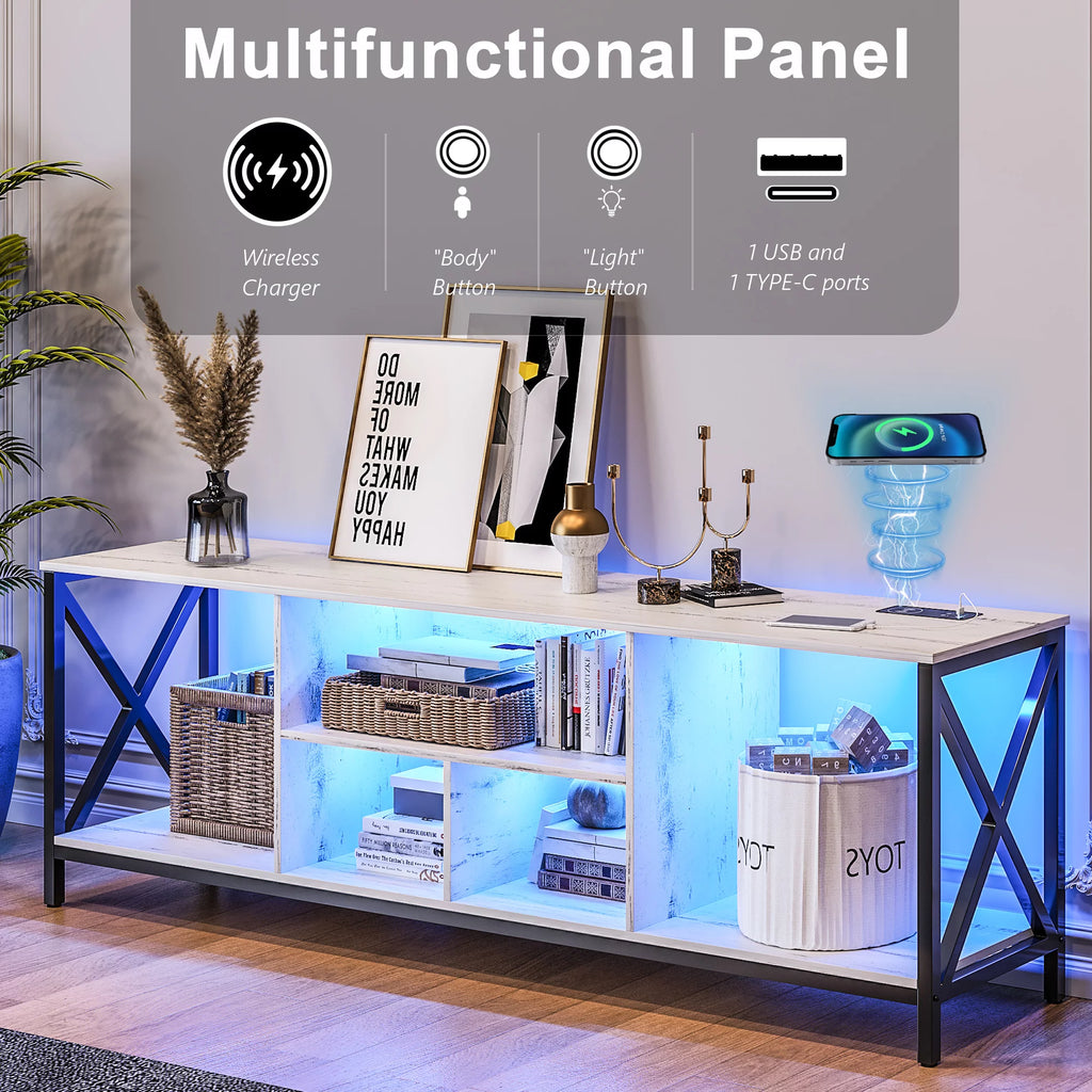 White LED TV Stand with Charging Station and Storage Cabinet F953