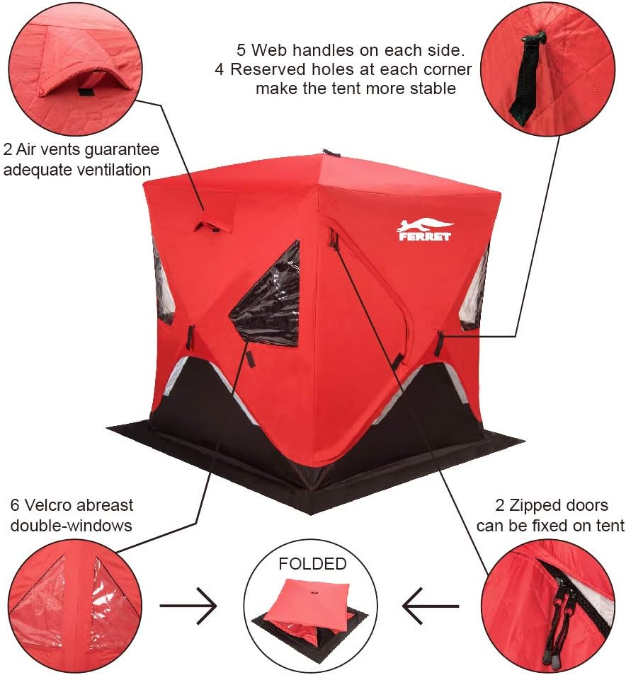 Red 1-2 Person 58X58X66 Waterproof Pop-up Ice Shelter Tent with Carrier Bag O18094