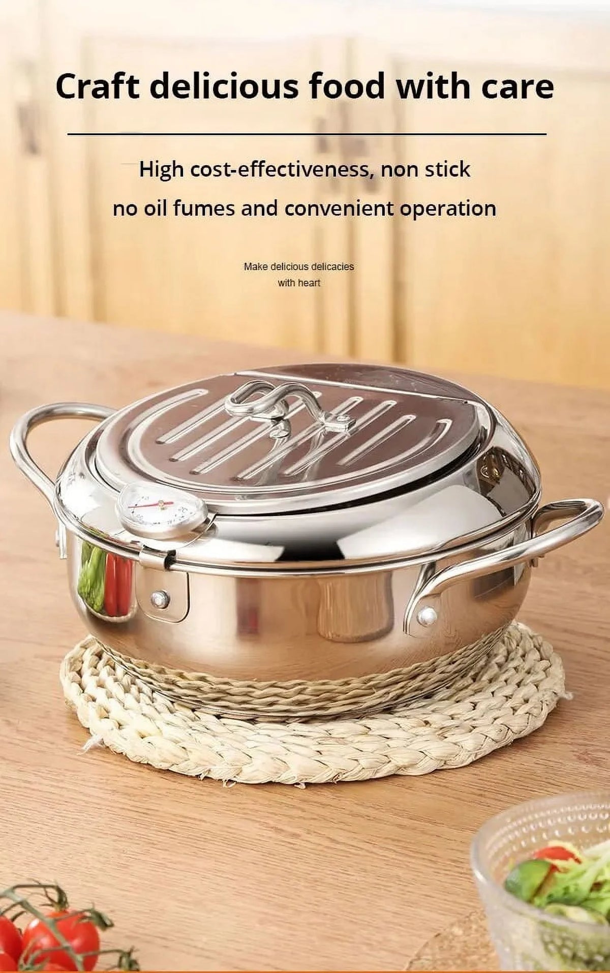 Stainless Steel Oil Pan with Thermometer and Cover S12090