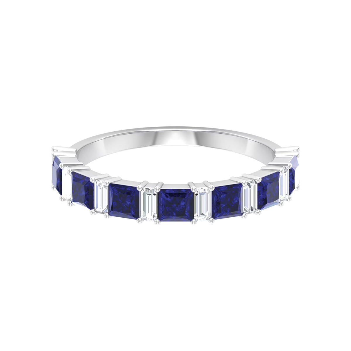 Lab Created Blue Sapphire Half Eternity Ring with Diamond - 2 CT, 14K White Gold, US 6.00 O831055