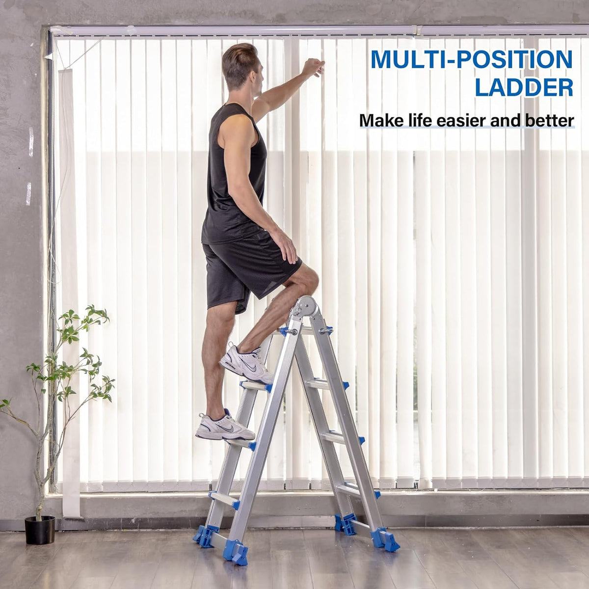 Aluminum Multi Position Telescoping Ladder with Stabilizer Bar, 330 lbs Capacity J52398