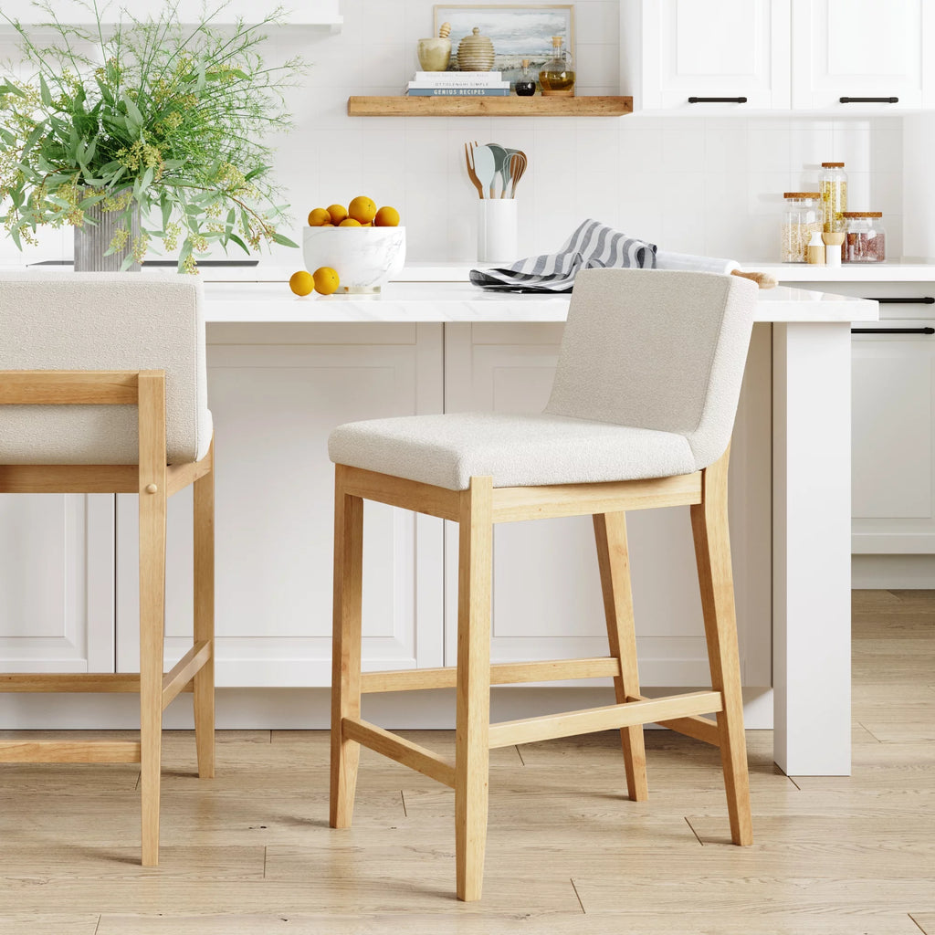 Counter Height Bar Stool with Back, Upholstered Boucle Linen Chair with Wooden Legs I89393