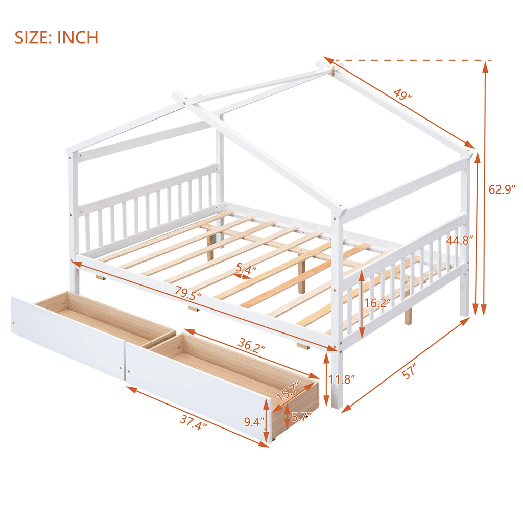 Full Size White Wooden House Bed with Drawers B2086