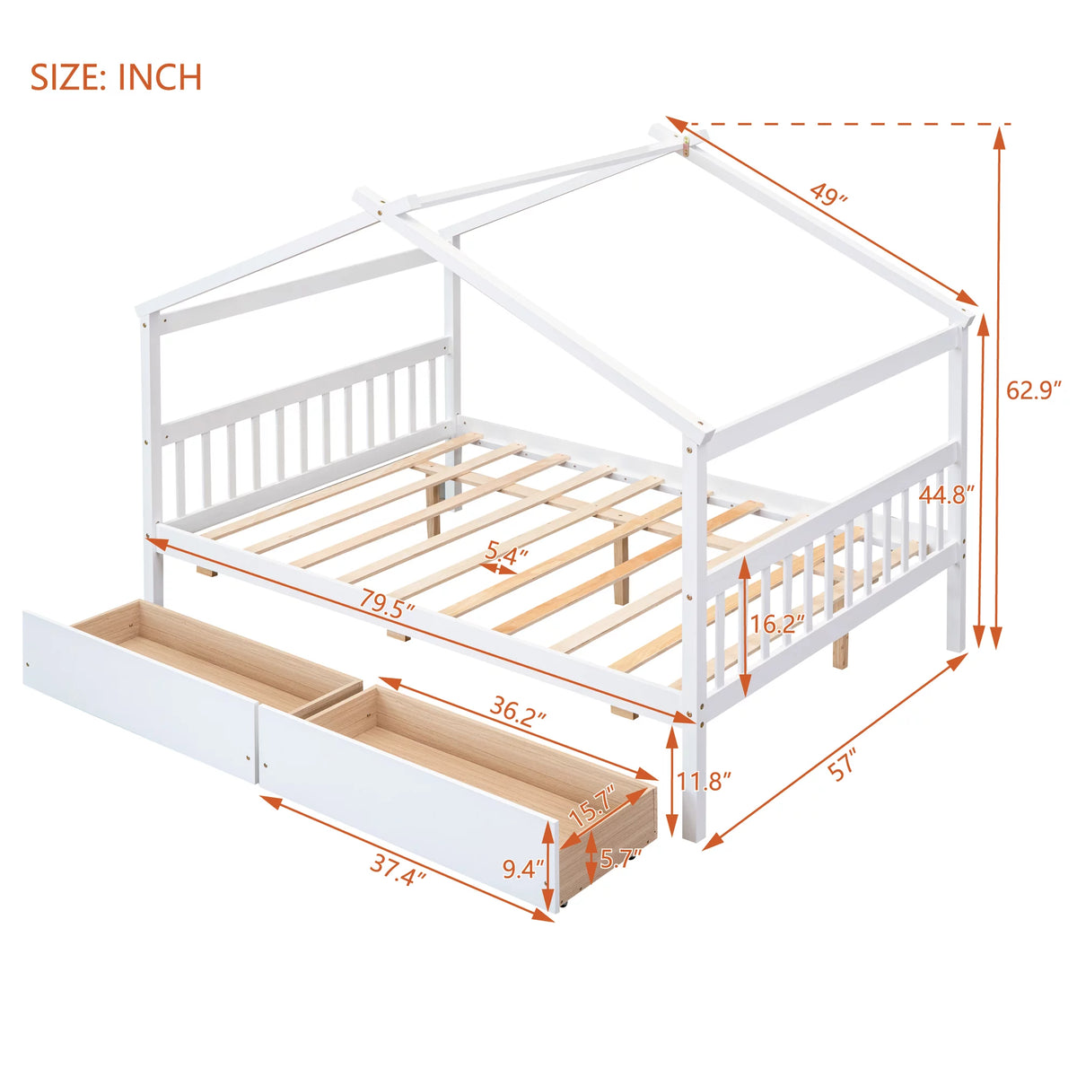 Full Size White Wooden House Bed with Drawers B2086