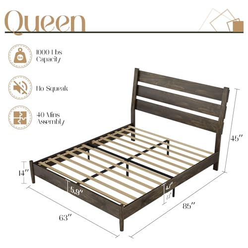 Dark Brown Solid Wood King Bed Frame with Slatted Headboard M185366