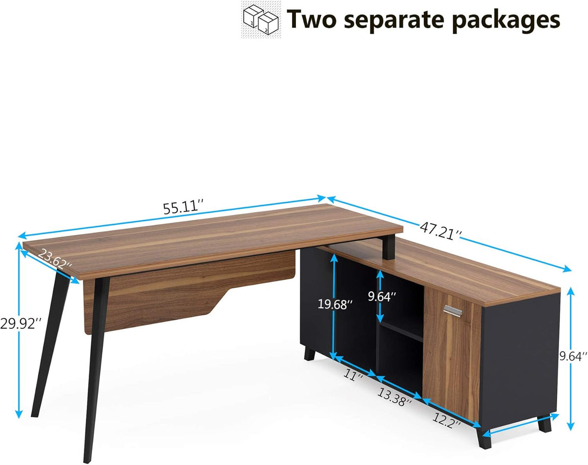 Large L-Shaped Desk with Storage and File Cabinet, Dark Walnut Stainless Steel Legs V8907