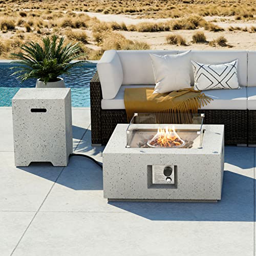 28" Terrazzo Round Propane Fire Pit Table Set with Tank Cover Side Table M54215