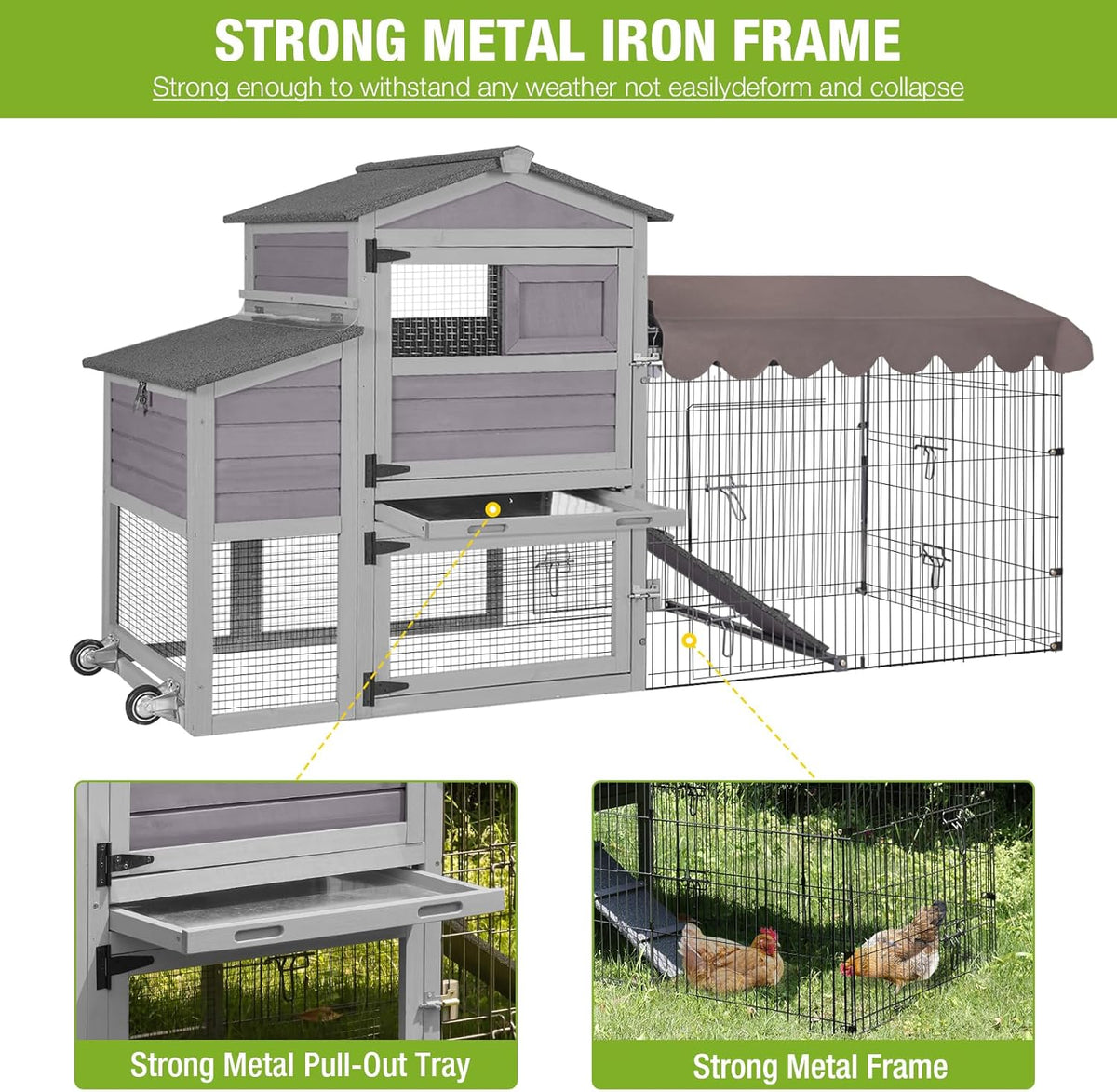 Large All-Steel Frame Chicken Coop with Metal Run H640
