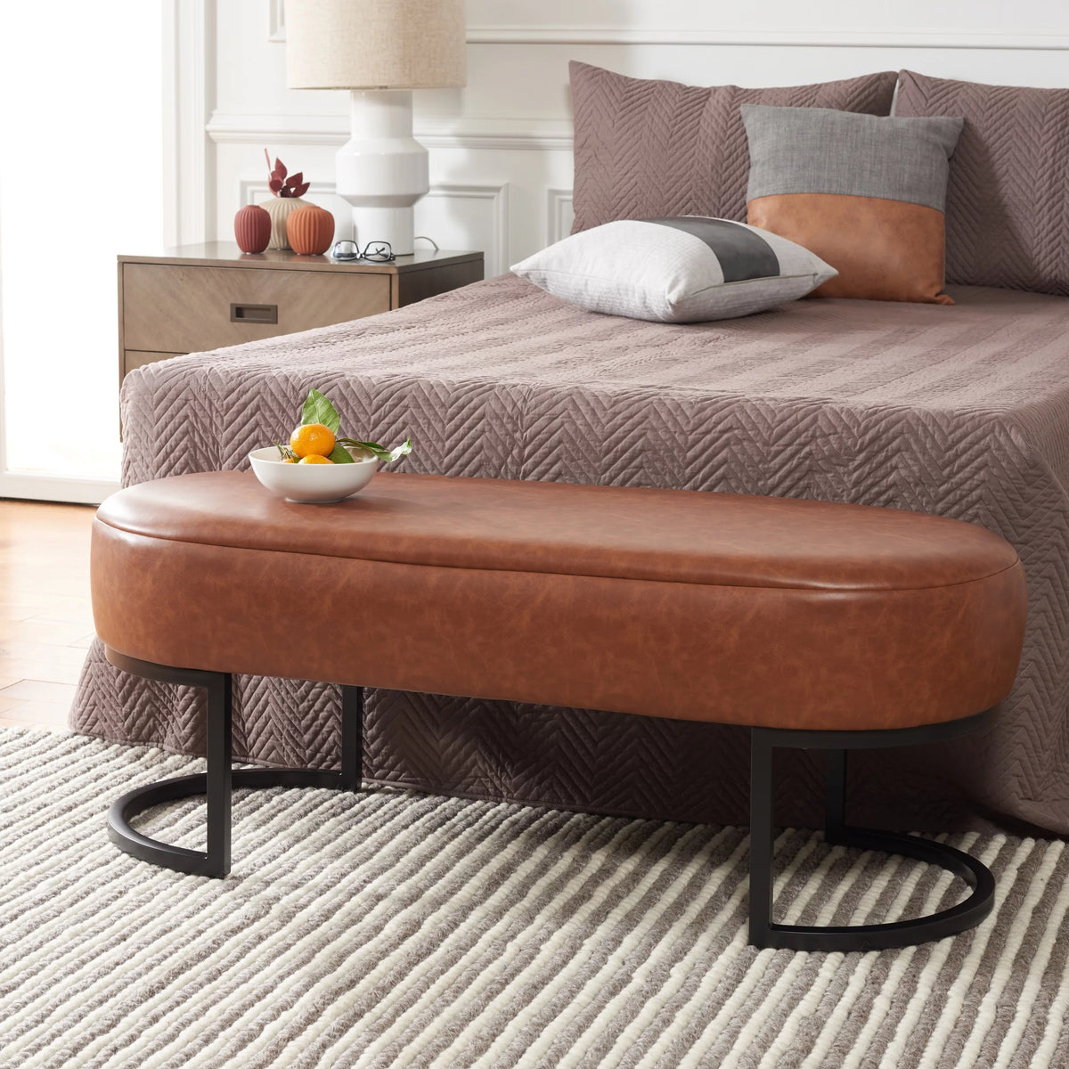 Cognac Leather Oval Bench H74313