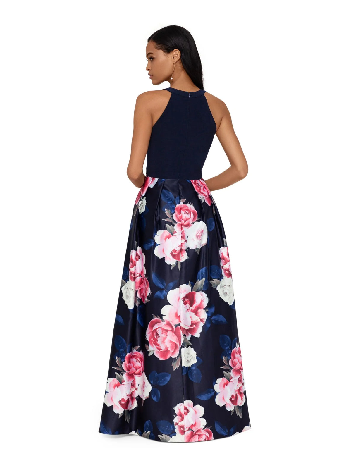 Navy Zippered Gown Sleeveless V Neck Full-Length Fit + Flare Dress Petites 2P H113
