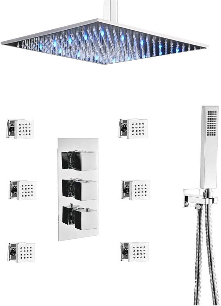 Brushed Nickel LED Rain Shower Head System with Thermostatic Mixer Valve and Body Sprayer Jets S273837