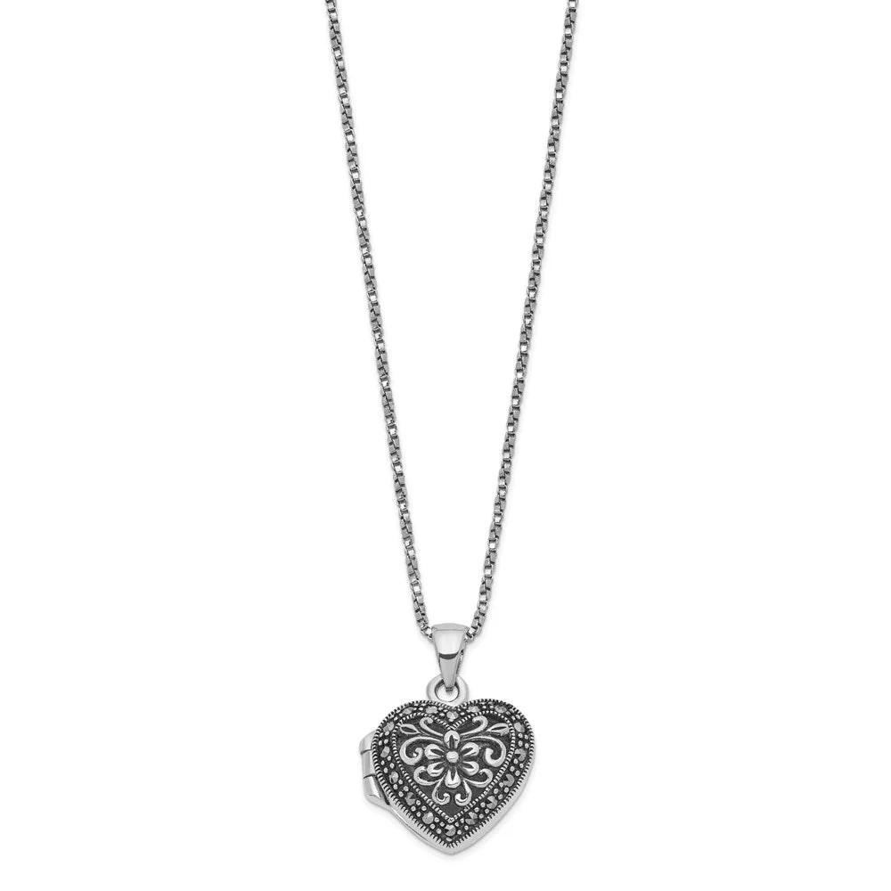925 Sterling Silver Marcasite Heart Locket Necklace 18" H29989