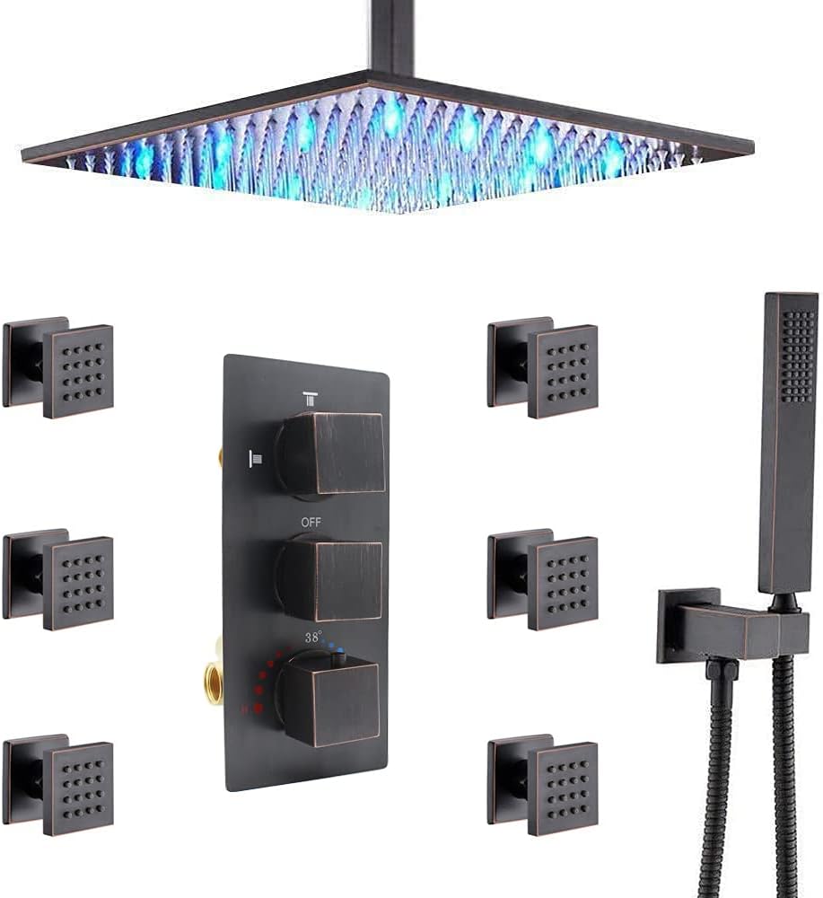 Brushed Nickel LED Rain Shower Head System with Thermostatic Mixer Valve and Body Sprayer Jets S273837