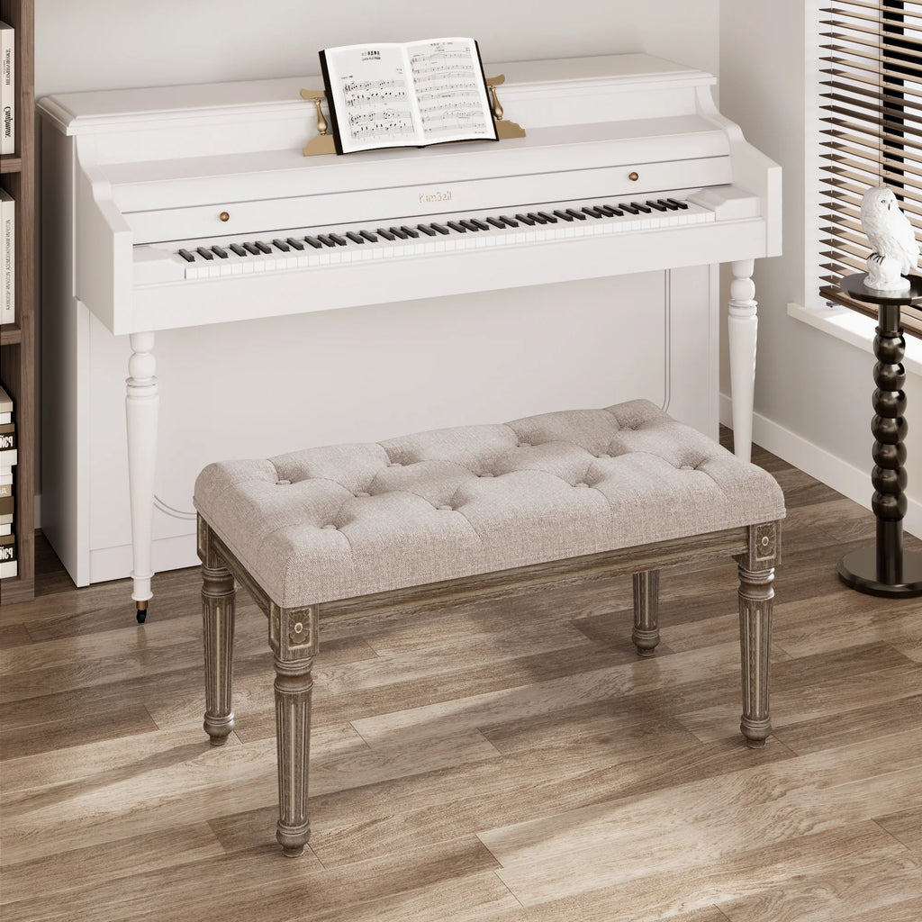 Upholstered Button Tufted Cushion Bench with Carved Wooden Legs U985748