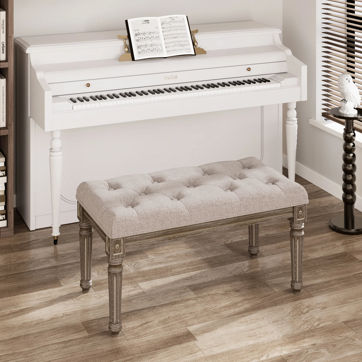 Upholstered Button Tufted Cushion Bench with Carved Wooden Legs U985748