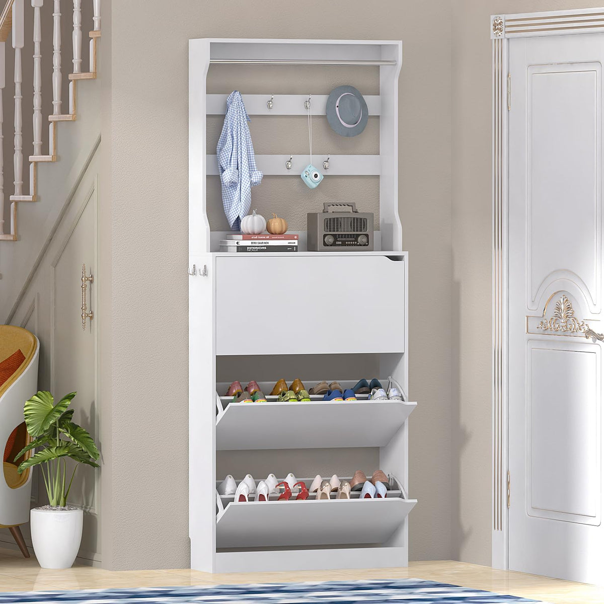 White 3 Flip Drawer Tall Wood Shoe Cabinet with Coat Rack B487979