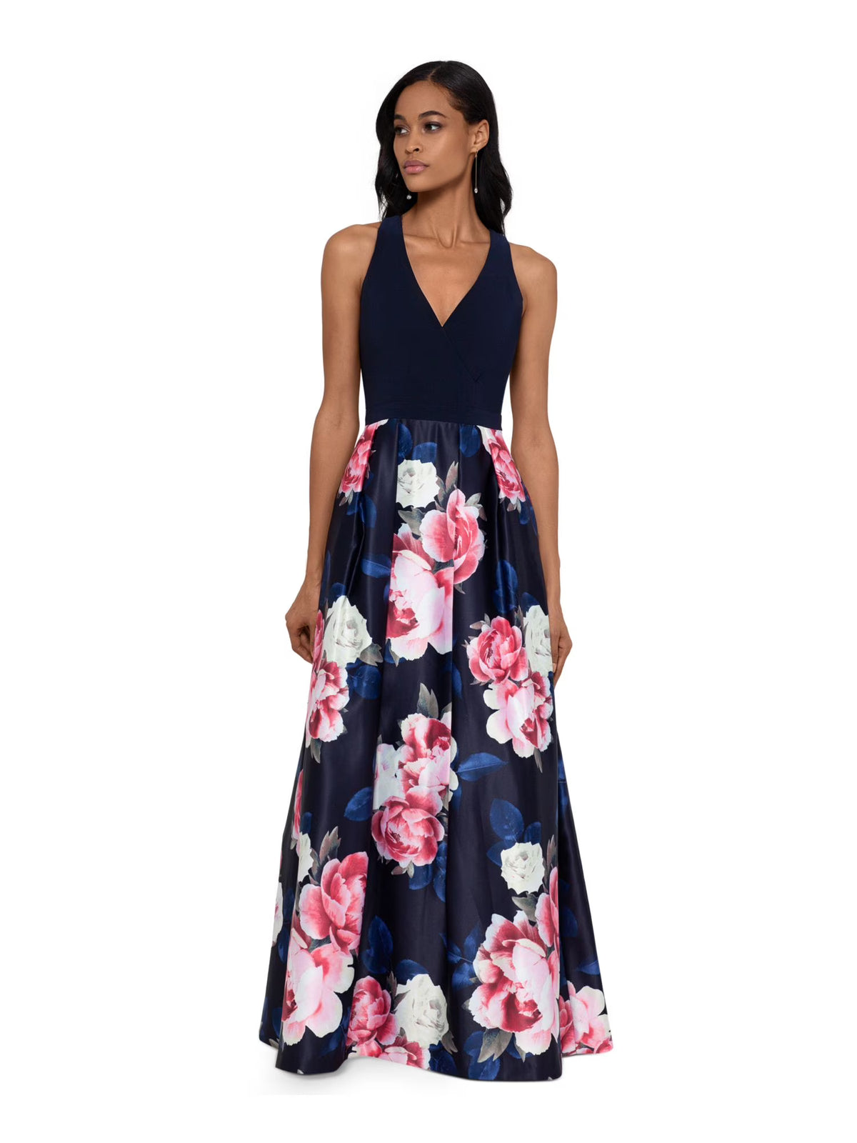 Navy Zippered Gown Sleeveless V Neck Full-Length Fit + Flare Dress Petites 2P H113