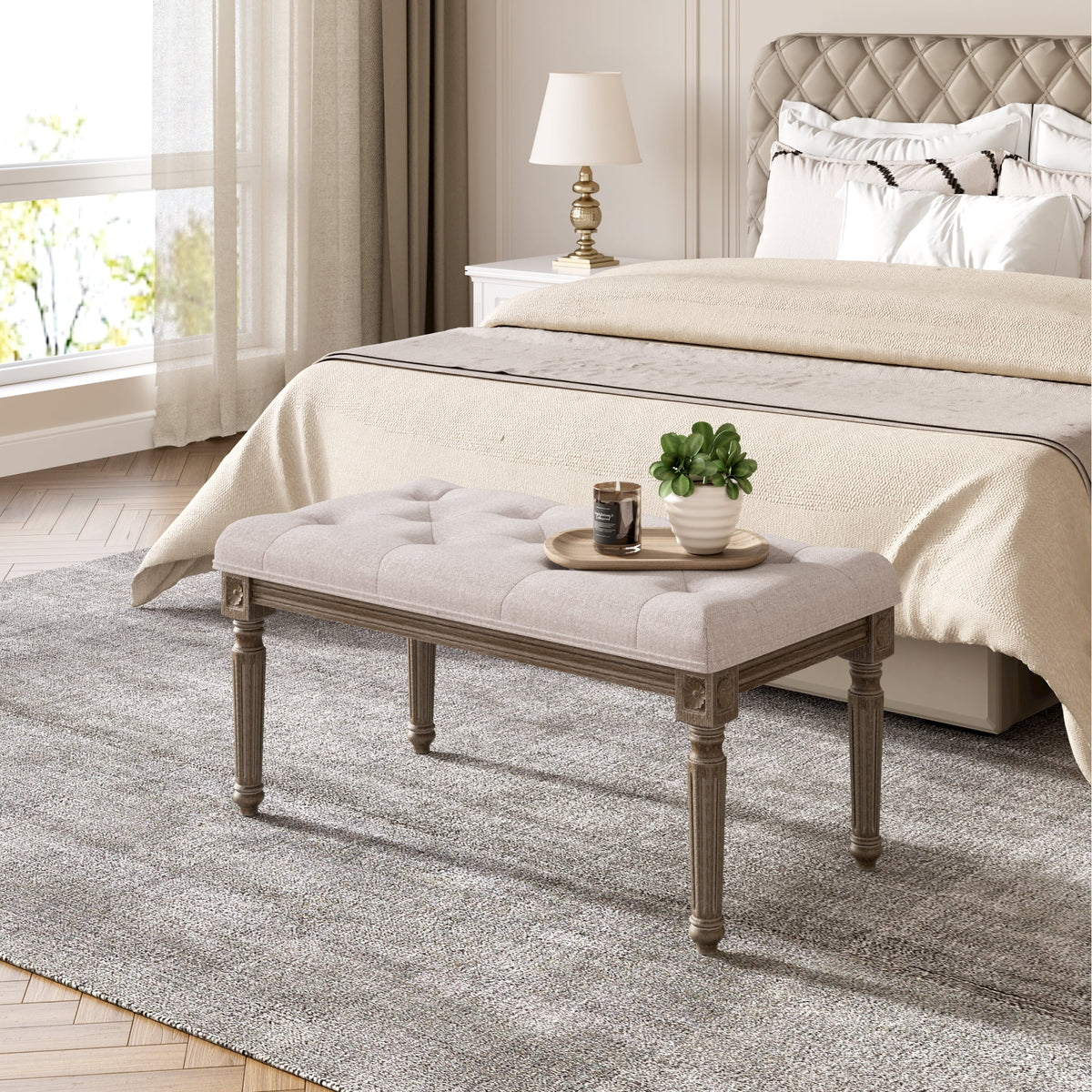 Upholstered Button Tufted Cushion Bench with Carved Wooden Legs U985748