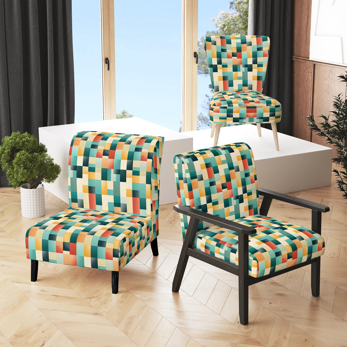Orange And Green Popart Pop Culture Pixels Upholstered Striped Accent Chair B1874