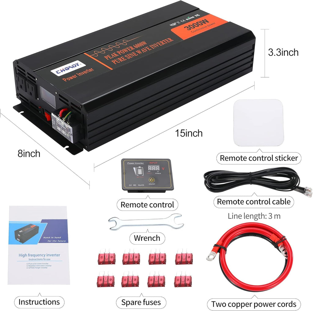 3000W Pure Sine Wave Power Inverter DC 12V to AC 120V with LCD Digital Display Remote Control USB Port H423