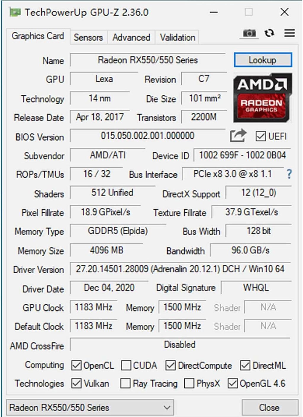 Radeon RX 550 4GB GDDR5 128-Bit Graphics Card J297875