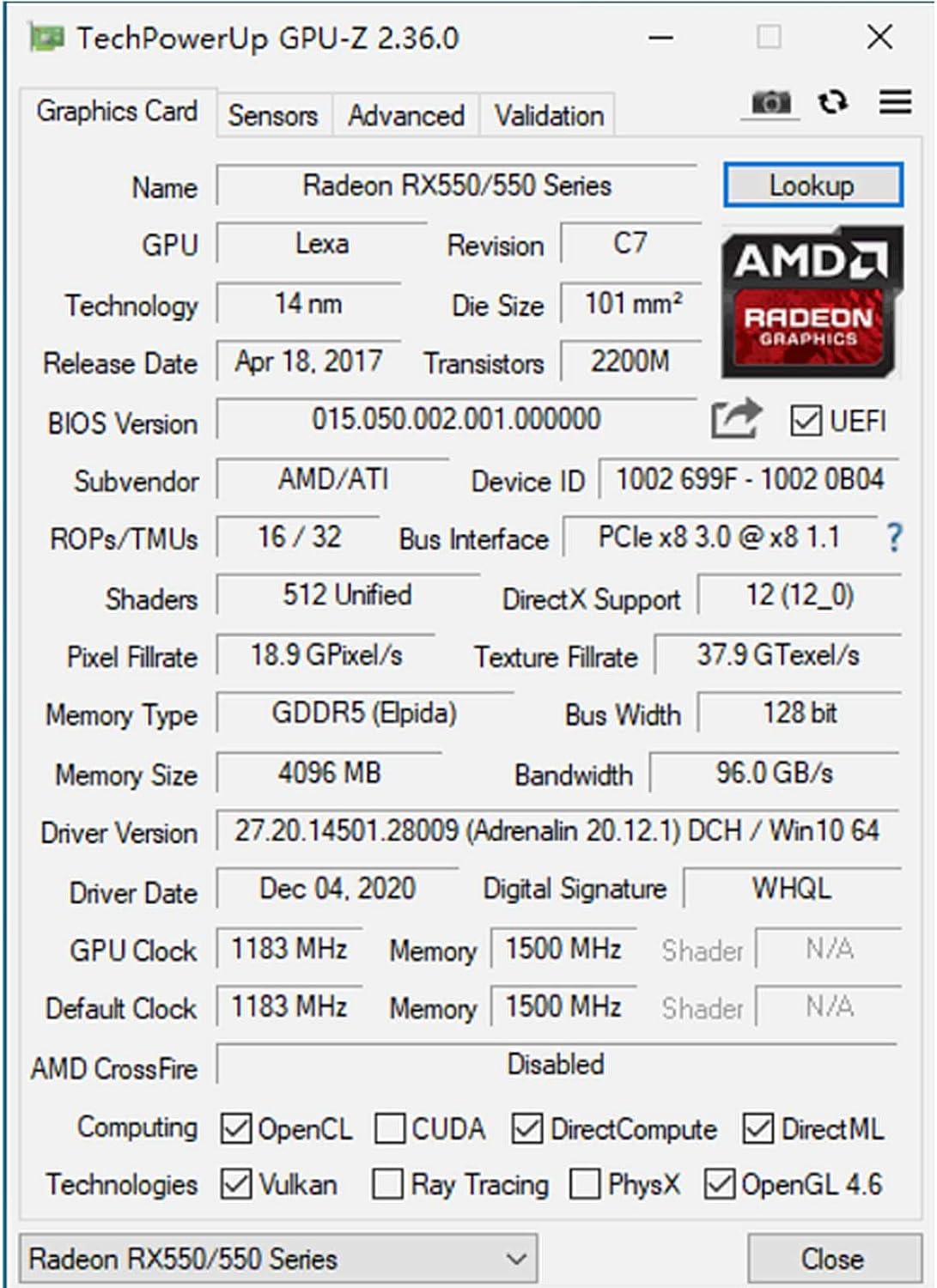 Radeon RX 550 4GB GDDR5 128-Bit Graphics Card J297875