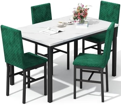 Dining Table and Chairs Set of 4 Faux Marble White C554780