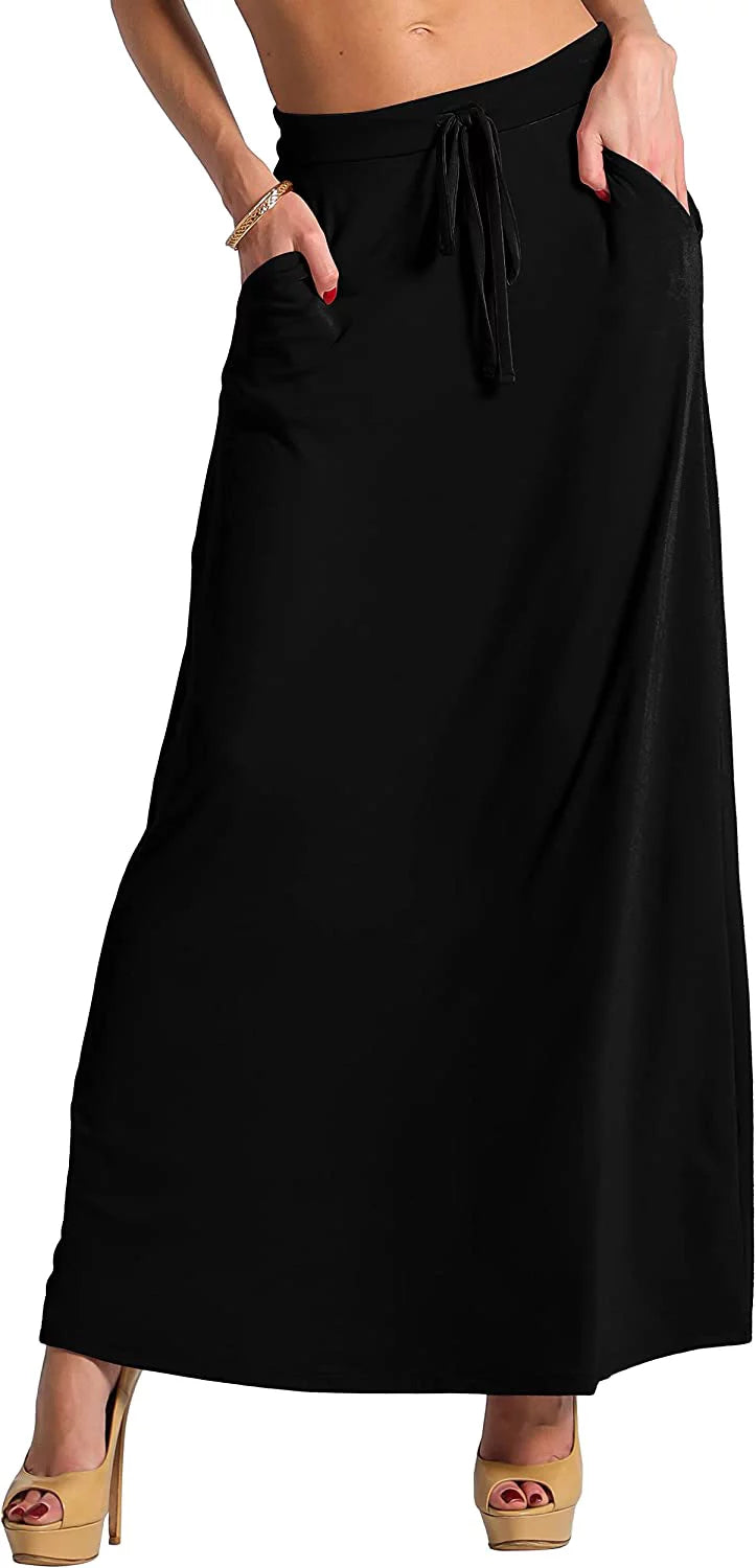 Relaxed Drawstring Waist Maxi Skirt with Side Pockets B436623