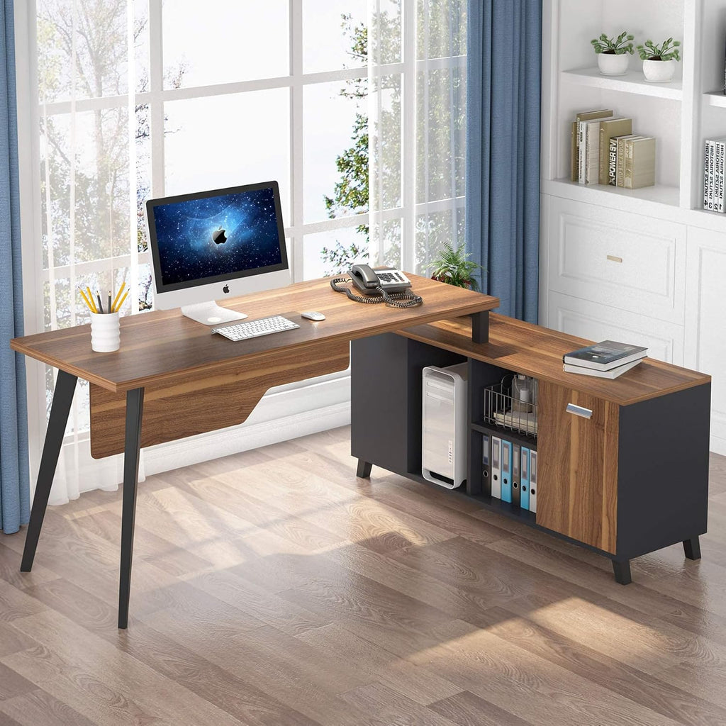 Large L-Shaped Desk with Storage and File Cabinet, Dark Walnut Stainless Steel Legs V8907