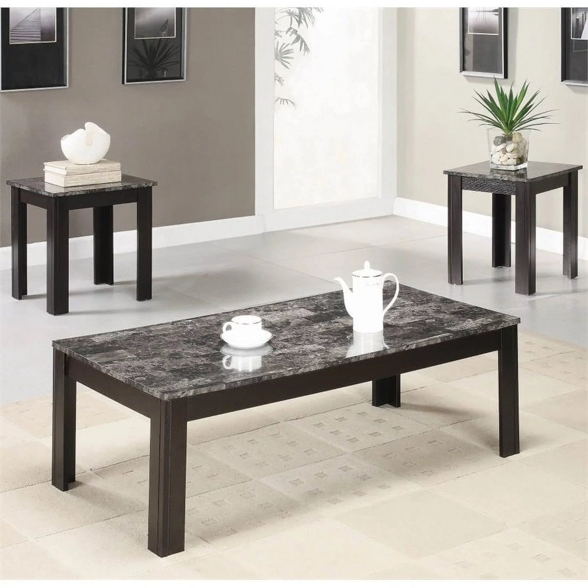 3 Piece Faux Marble Top Coffee Table Set in Black L198617