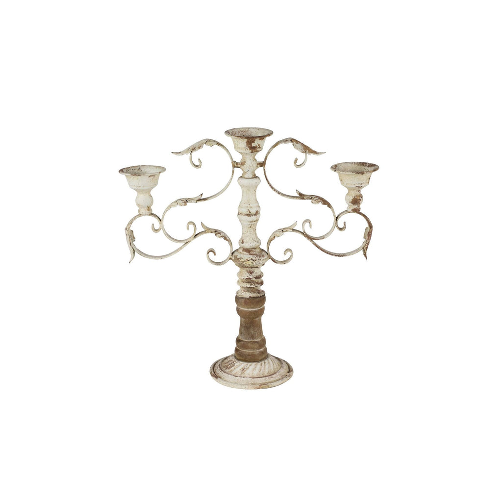 White Metal and Wood Candelabra with 3 Candle Holder Z103