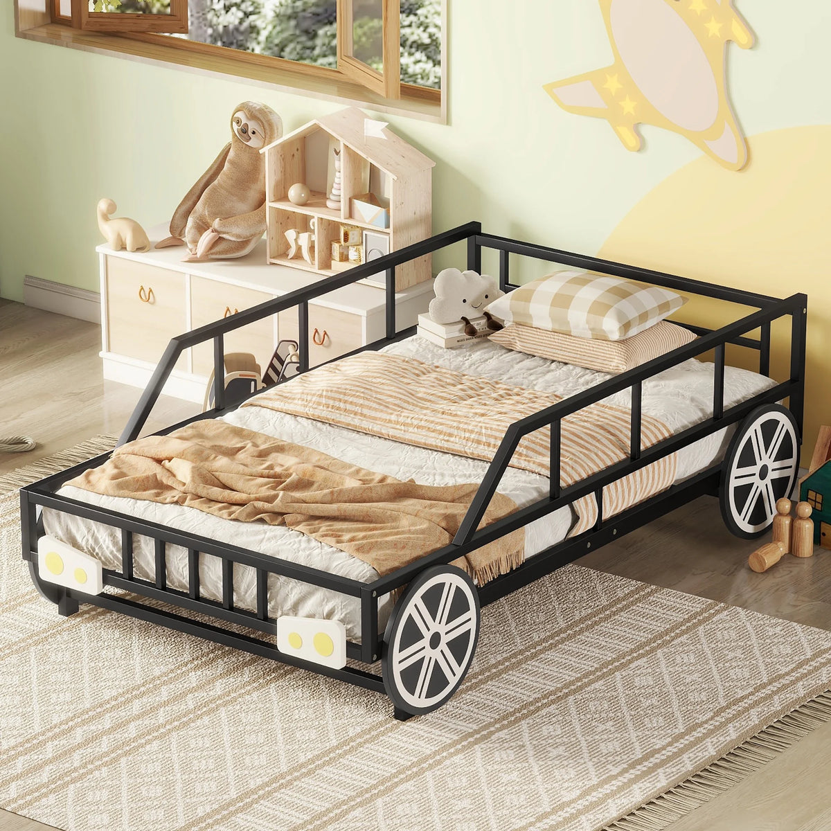 Twin Size Metal Bed Frame with Headboard and Guardrail F6057