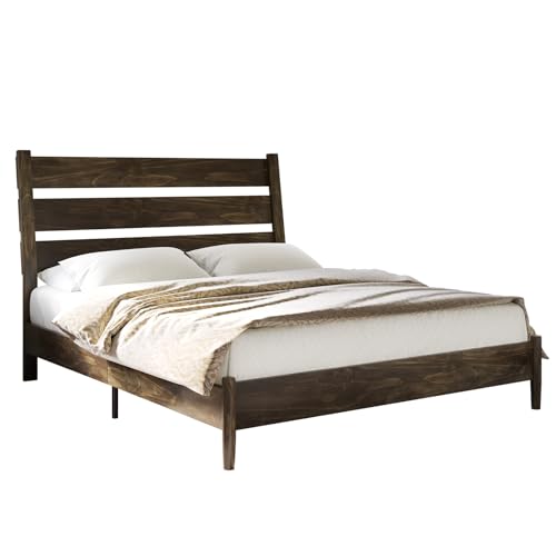 Dark Brown Solid Wood King Bed Frame with Slatted Headboard M185366