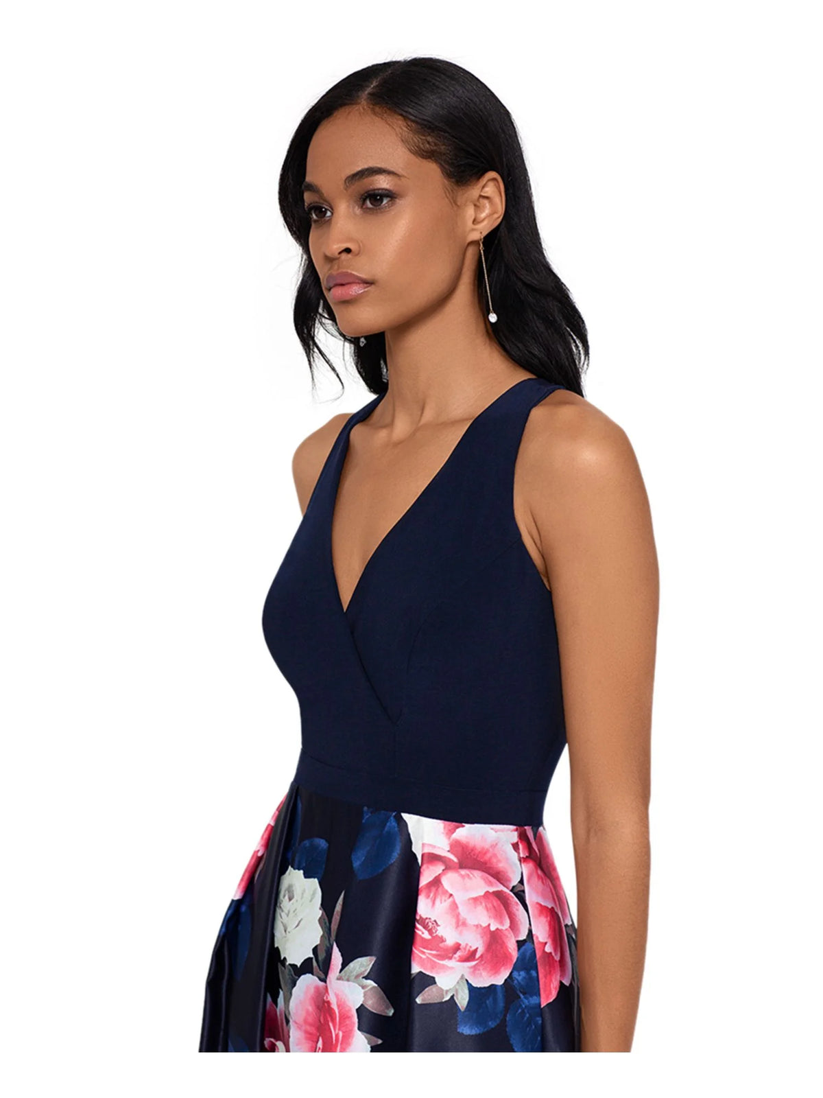 Navy Zippered Gown Sleeveless V Neck Full-Length Fit + Flare Dress Petites 2P H113