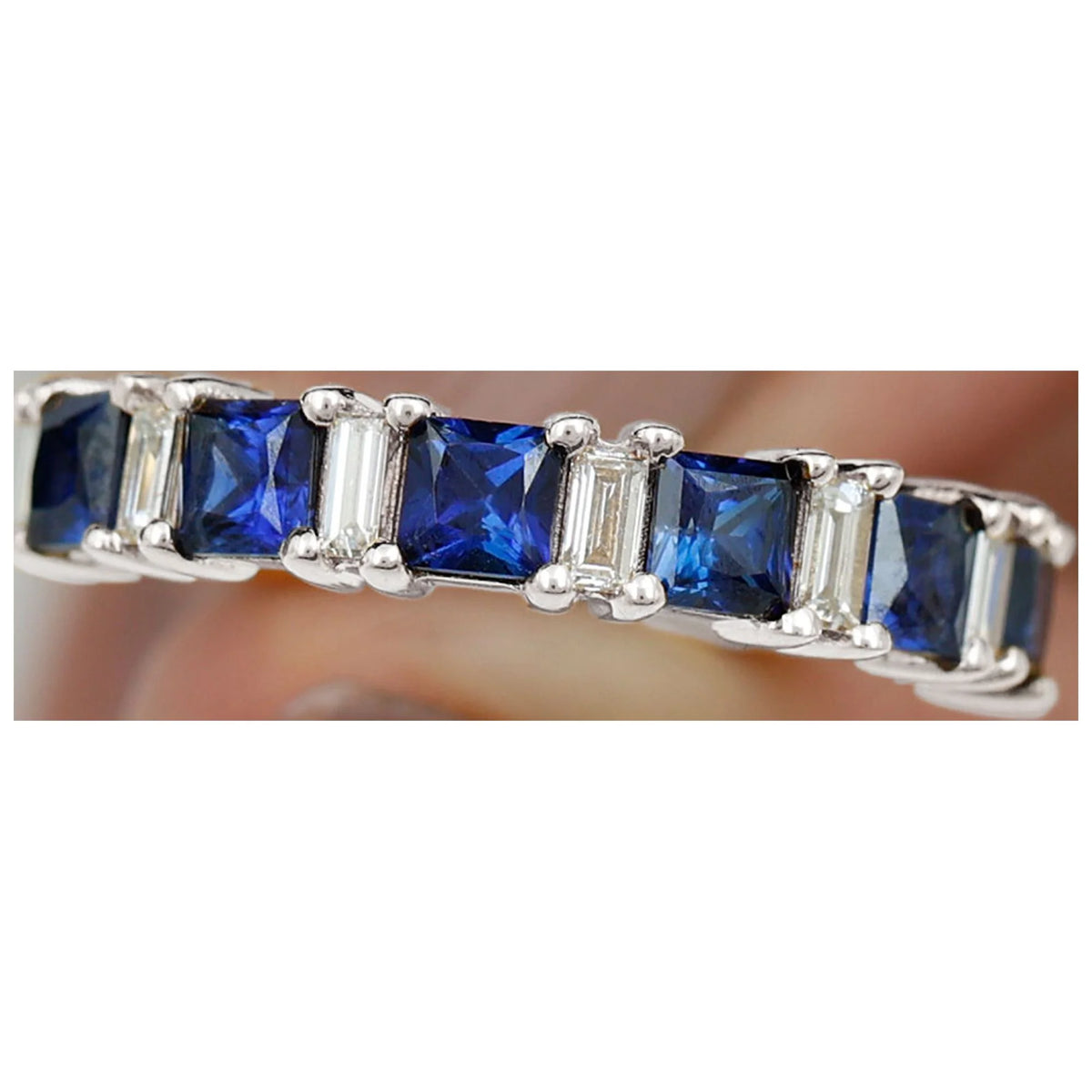 Lab Created Blue Sapphire Half Eternity Ring with Diamond - 2 CT, 14K White Gold, US 6.00 O831055